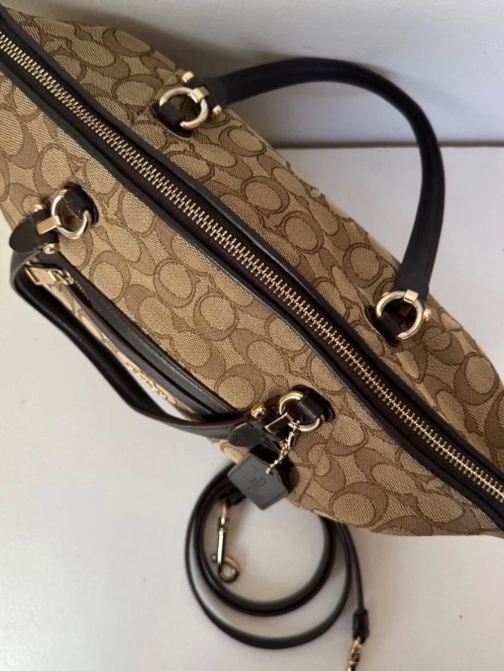 Coach Khaki Brown Signature Jacquard Prairie Satchel in Canvas